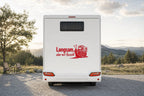 Wohnmobil-Aufkleber „Langsam, aber mit Aussicht“ in Rot am Wohnmobil