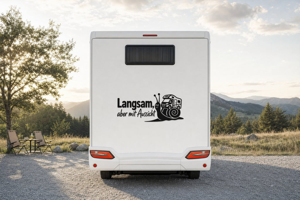 Wohnmobil-Aufkleber „Langsam, aber mit Aussicht“ in Schwarz am Wohnmobil