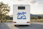 Wohnmobil-Aufkleber „Mein Haus fährt 100“ in Blau am Wohnmobil
