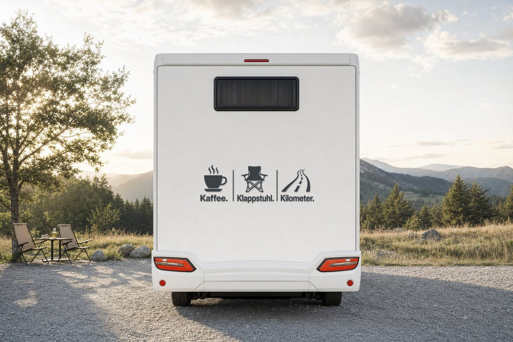 Wohnmobil-Aufkleber „Kaffee. Klappstuhl. Kilometer.“ in Anthrazit am Wohnmobil