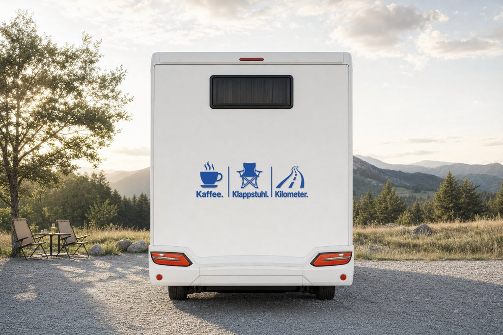 Wohnmobil-Aufkleber „Kaffee. Klappstuhl. Kilometer.“ in Blau am Wohnmobil