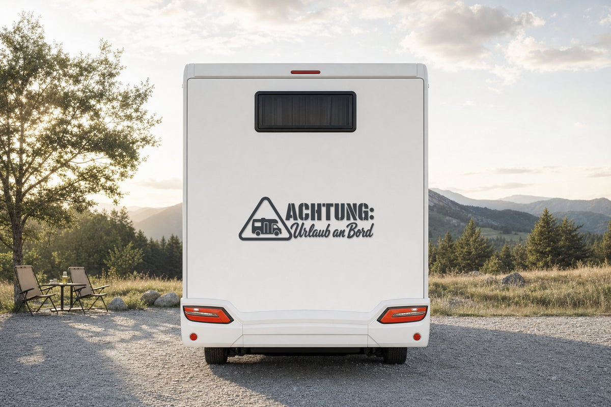 Wohnmobil-Aufkleber „Achtung: Urlaub an Bord“ in Anthrazit am Wohnmobil