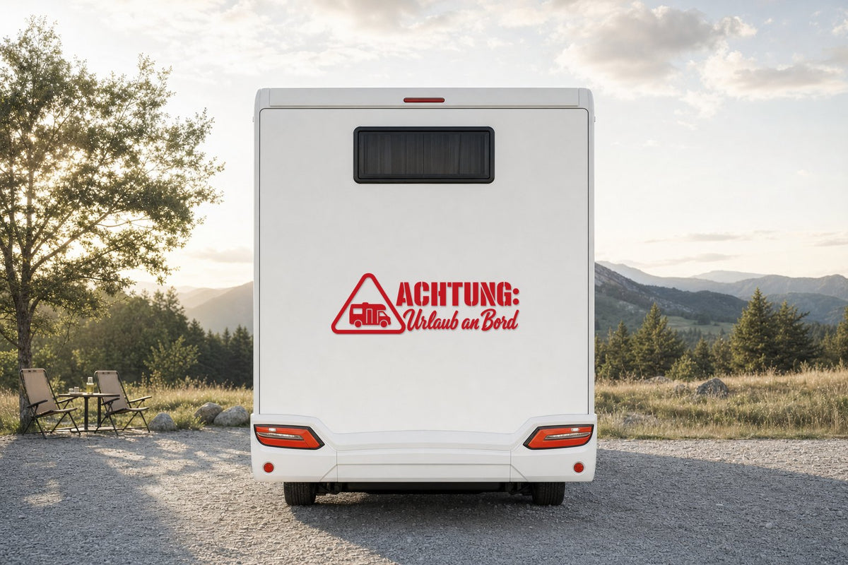 Wohnmobil-Aufkleber „Achtung: Urlaub an Bord“ in Rot am Wohnmobil