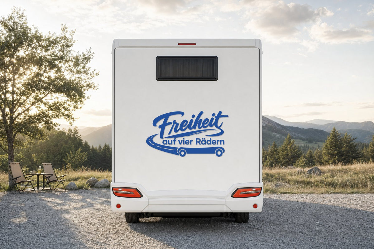 Wohnmobil-Aufkleber „Freiheit auf vier Rädern“ in Blau am Wohnmobil