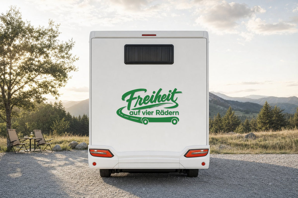 Wohnmobil-Aufkleber „Freiheit auf vier Rädern“ in Grün am Wohnmobil