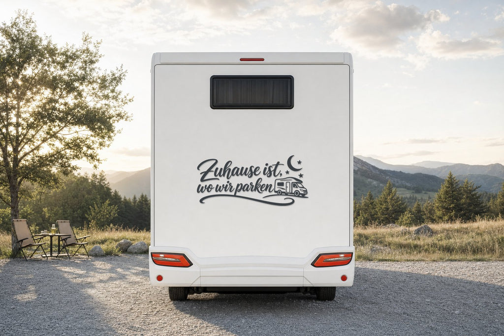 Wohnmobil-Aufkleber „Zuhause ist, wo wir parken“ in Anthrazit am Wohnmobil