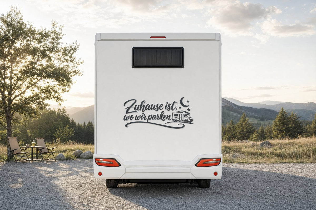 Wohnmobil-Aufkleber „Zuhause ist, wo wir parken“ in Anthrazit am Wohnmobil