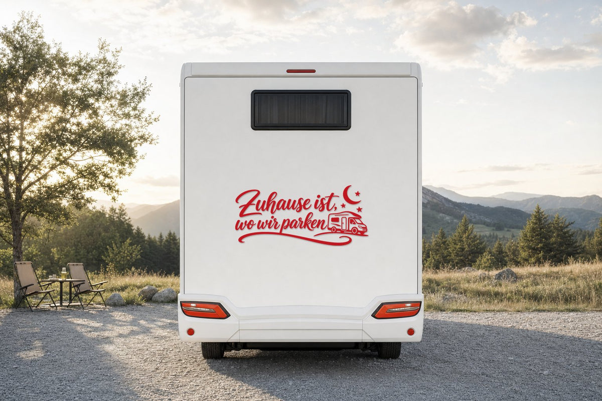 Wohnmobil-Aufkleber „Zuhause ist, wo wir parken“ in Rot am Wohnmobil