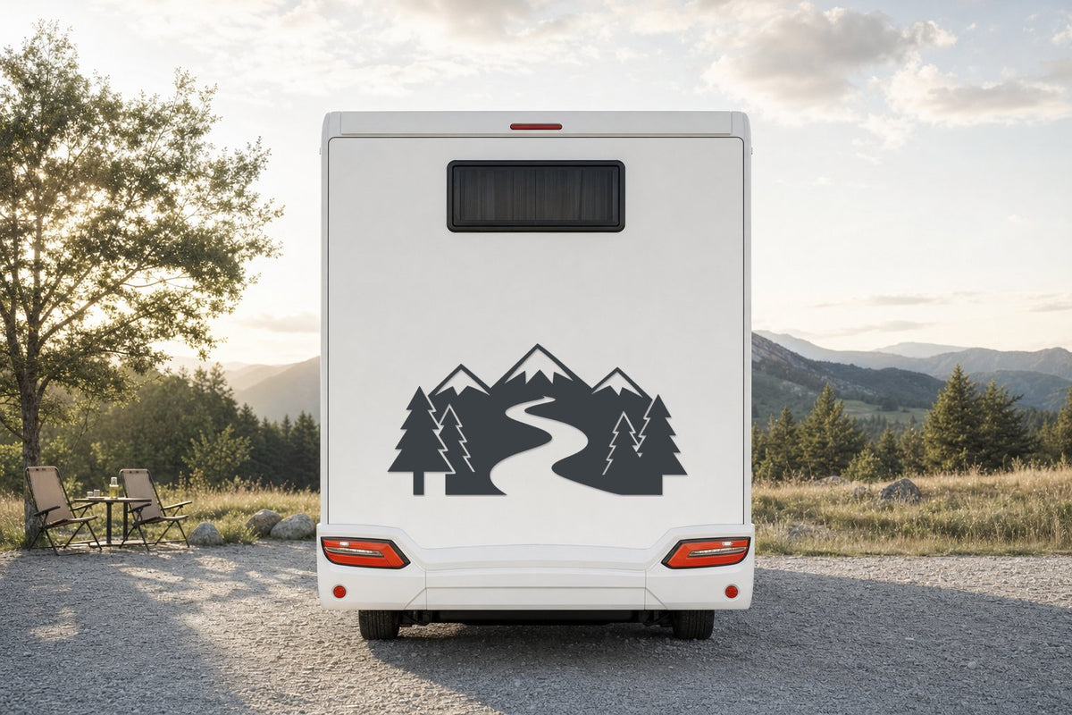 Berge-Aufkleber „Bergbach“ fürs Wohnmobil in Anthrazit am Wohnmobil