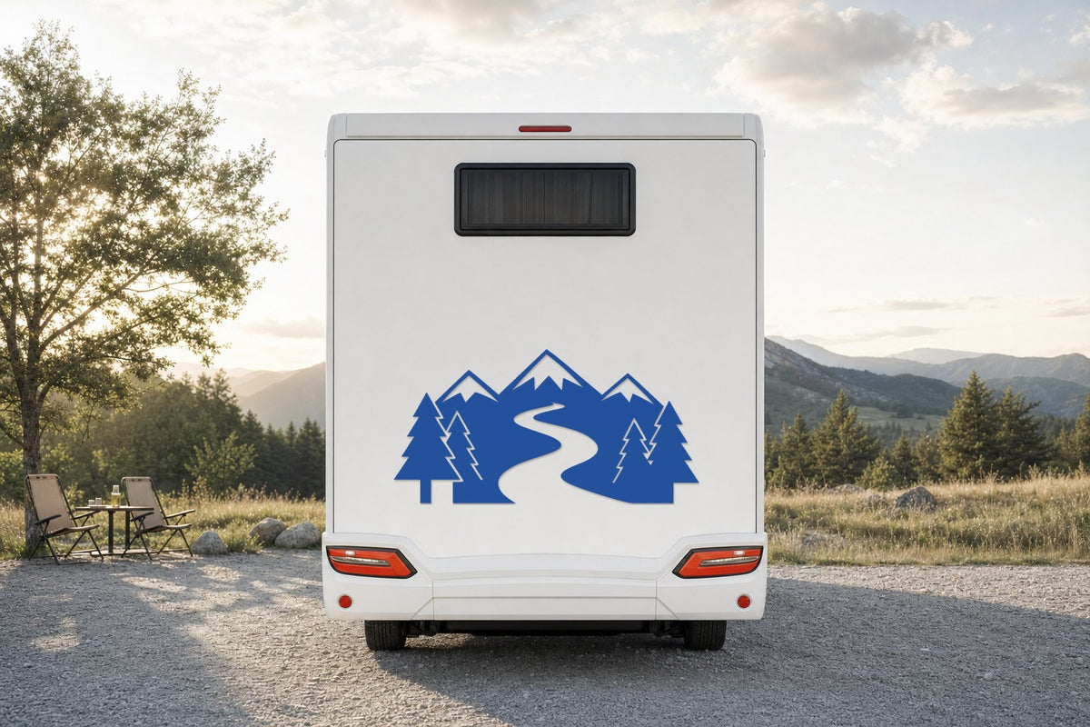 Berge-Aufkleber „Bergbach“ fürs Wohnmobil in Blau am Wohnmobil