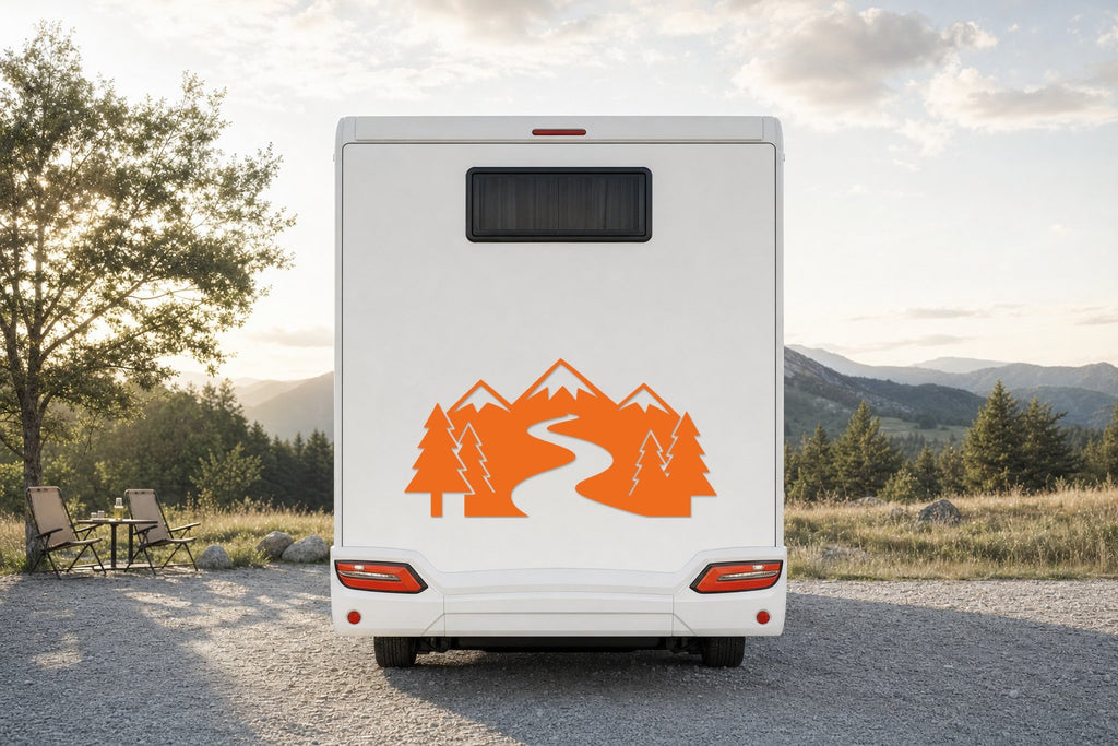 Berge-Aufkleber „Bergbach“ fürs Wohnmobil in Orange am Wohnmobil