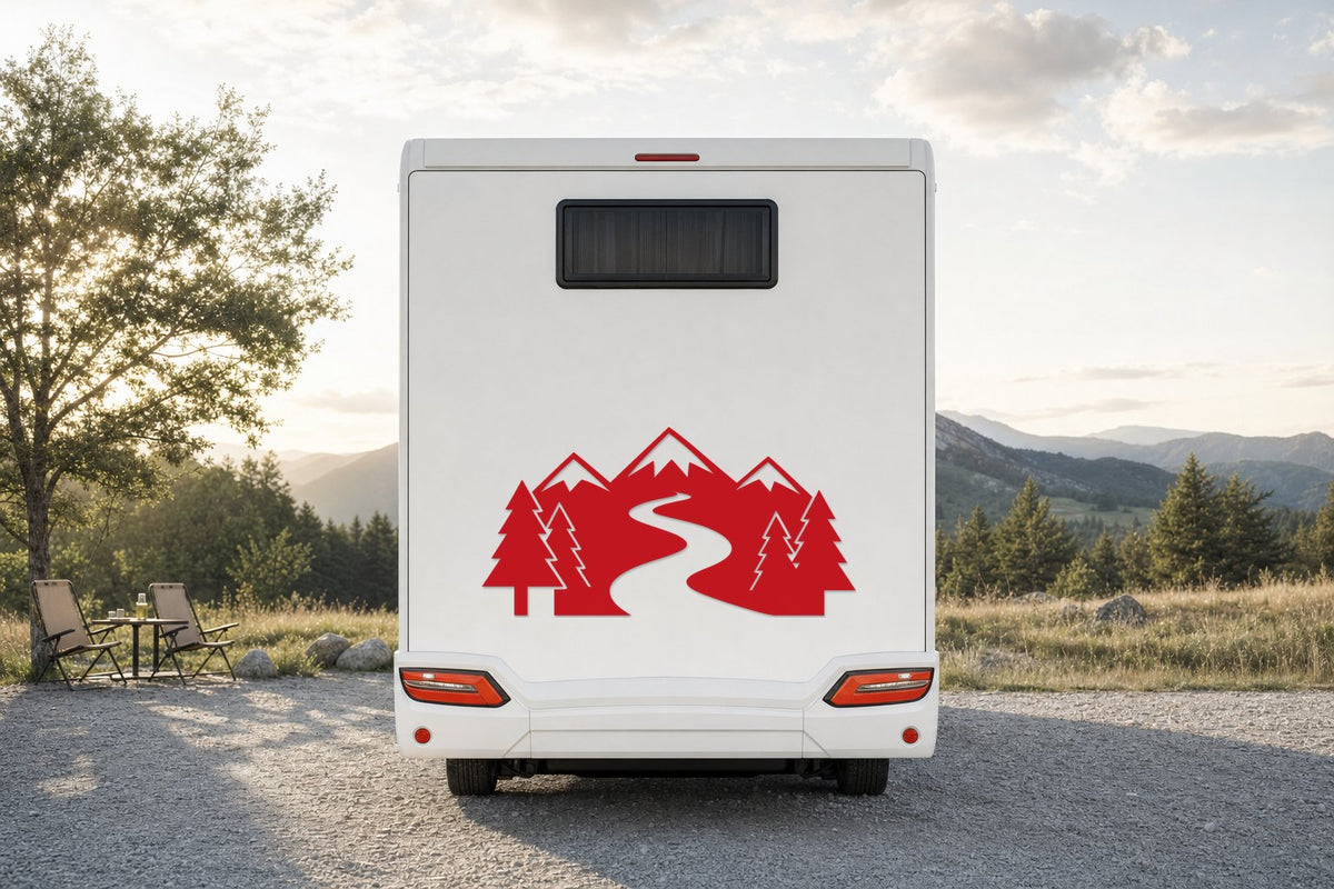 Berge-Aufkleber „Bergbach“ fürs Wohnmobil in Rot am Wohnmobil