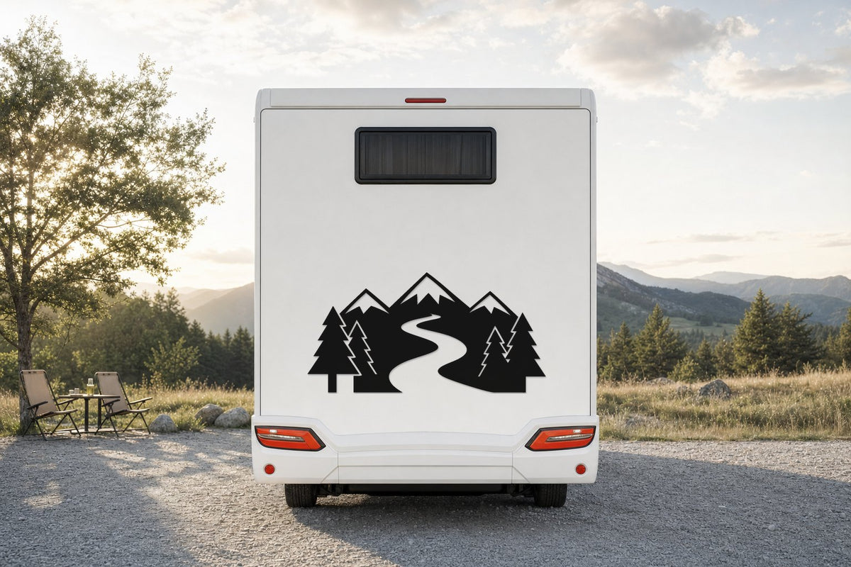 Berge-Aufkleber „Bergbach“ fürs Wohnmobil in Schwarz am Wohnmobil