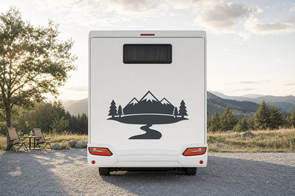 Berge-Aufkleber „Bergsee“ fürs Wohnmobil in Anthrazit am Wohnmobil