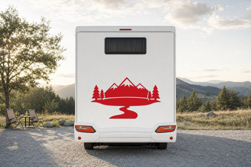 Berge-Aufkleber „Bergsee“ fürs Wohnmobil in Rot am Wohnmobil