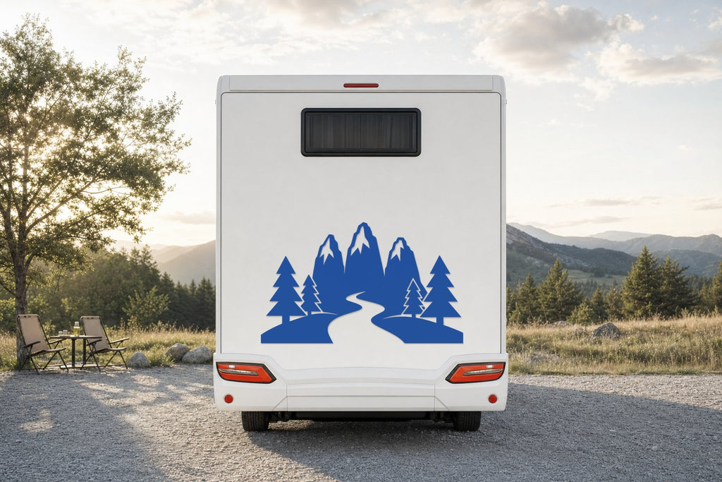 Berge-Aufkleber „Dolomiten“ fürs Wohnmobil in Blau am Wohnmobil