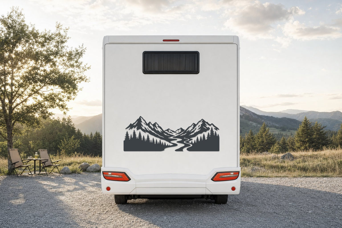 Berge-Aufkleber „Flusstal“ fürs Wohnmobil in Anthrazit am Wohnmobil