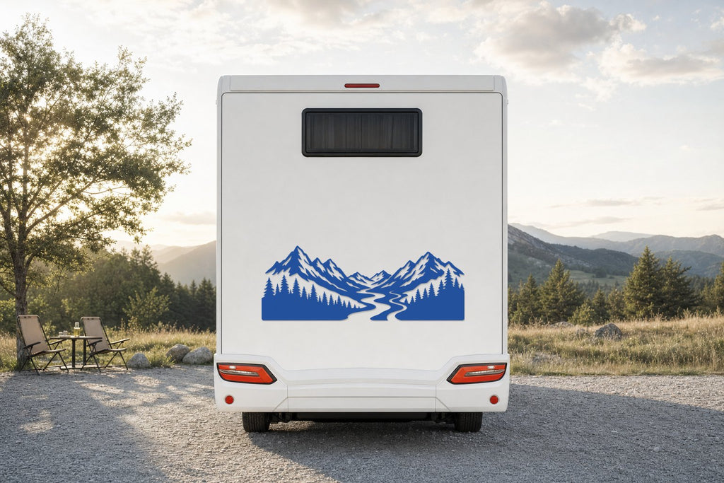 Berge-Aufkleber „Flusstal“ fürs Wohnmobil in Blau am Wohnmobil