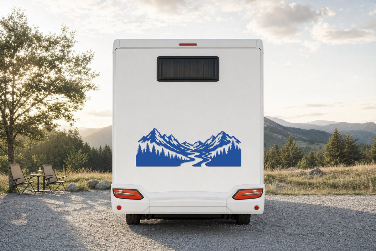 Berge-Aufkleber „Flusstal“ fürs Wohnmobil in Blau am Wohnmobil