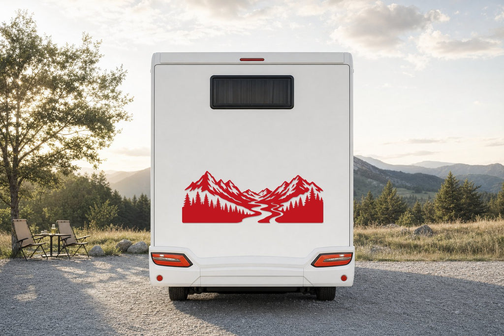 Berge-Aufkleber „Flusstal“ fürs Wohnmobil in Rot am Wohnmobil