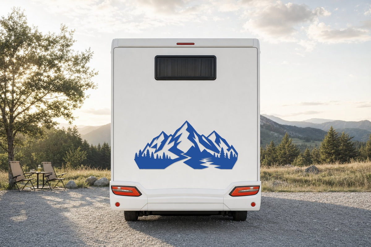 Berge-Aufkleber „Geometrisch“ fürs Wohnmobil in Blau am Wohnmobil