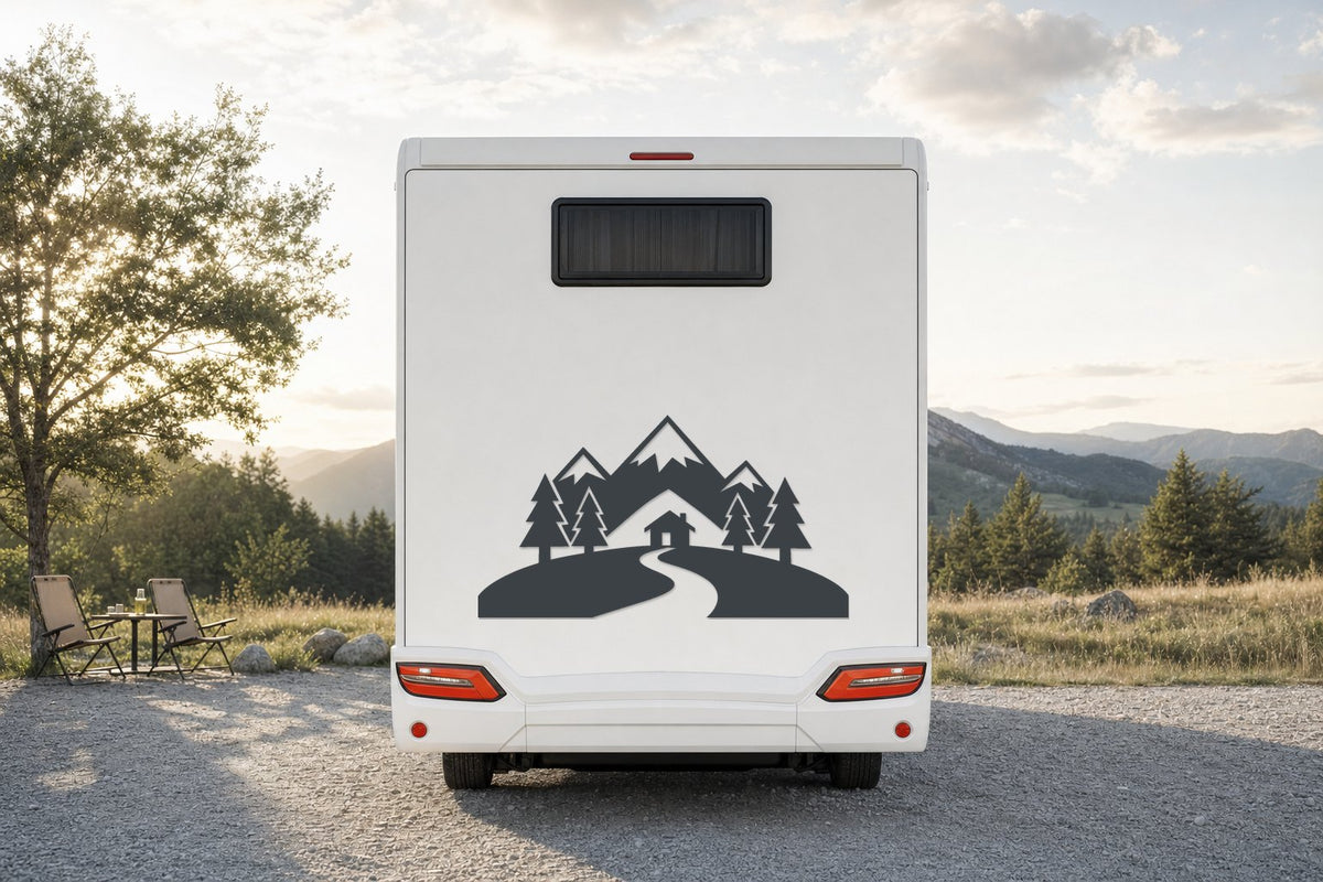 Berge-Aufkleber „Berghütte“ fürs Wohnmobil in Anthrazit am Wohnmobil