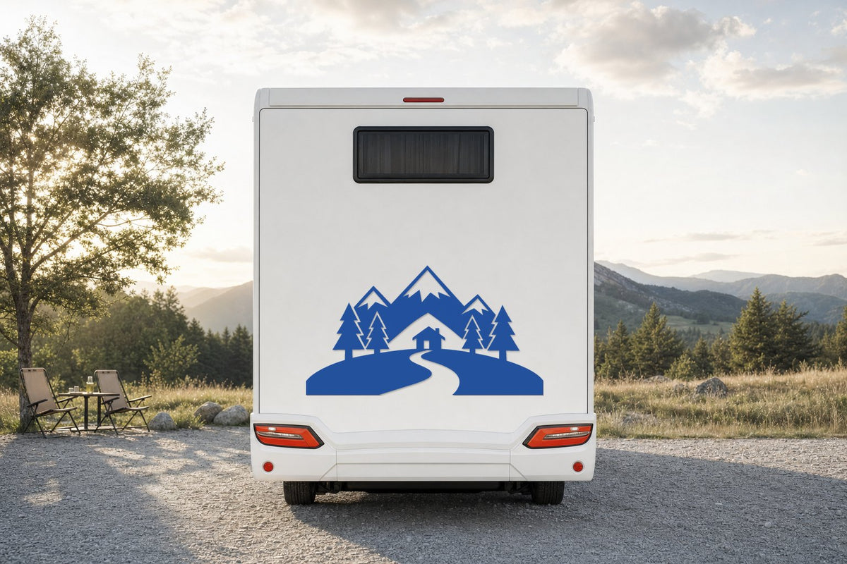 Berge-Aufkleber „Berghütte“ fürs Wohnmobil in Blau am Wohnmobil