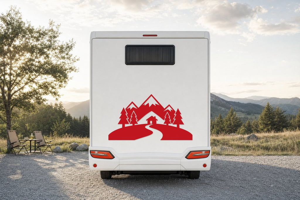 Berge-Aufkleber „Berghütte“ fürs Wohnmobil in Rot am Wohnmobil