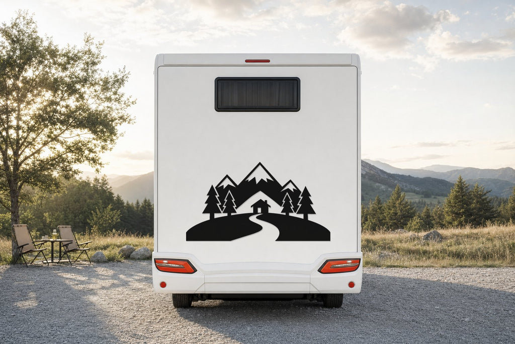 Berge-Aufkleber „Berghütte“ fürs Wohnmobil in Schwarz am Wohnmobil