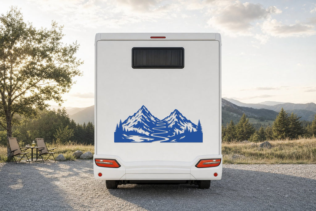 Berge-Aufkleber „Bergpfad“ fürs Wohnmobil in Blau am Wohnmobil