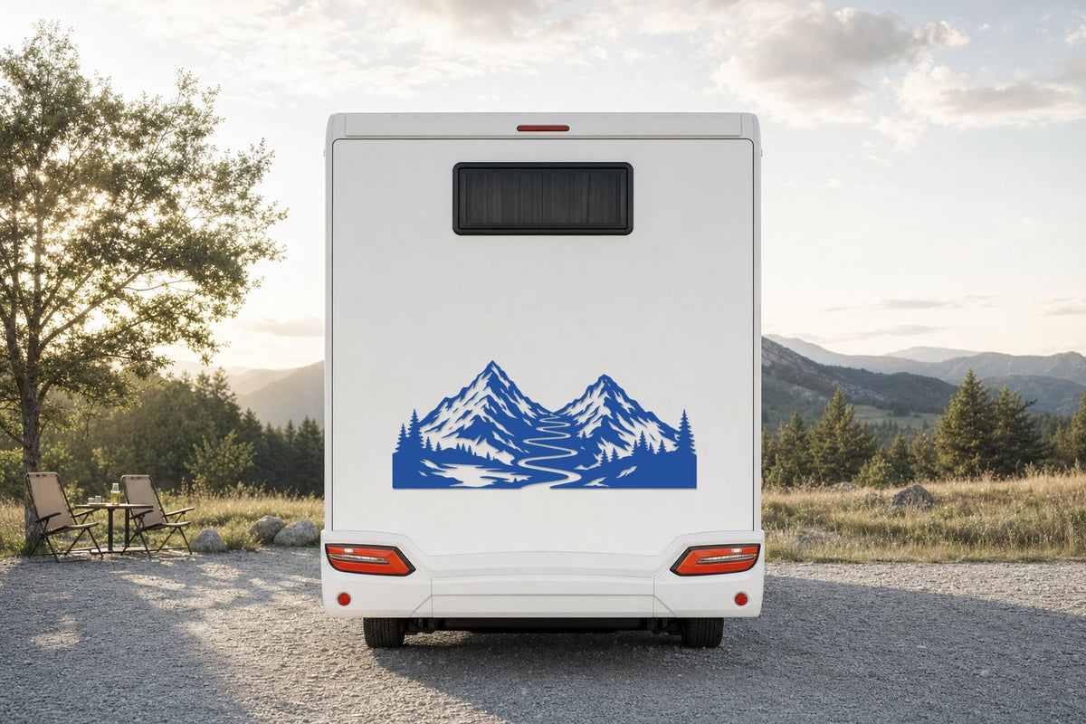 Berge-Aufkleber „Bergpfad“ fürs Wohnmobil in Blau am Wohnmobil