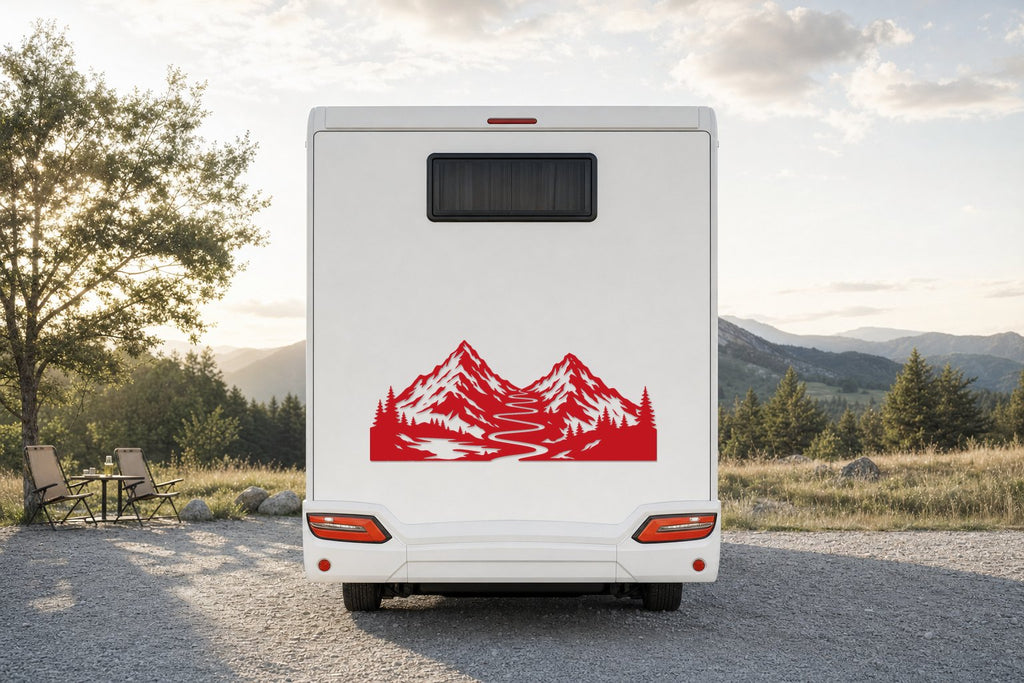 Berge-Aufkleber „Bergpfad“ fürs Wohnmobil in Rot am Wohnmobil