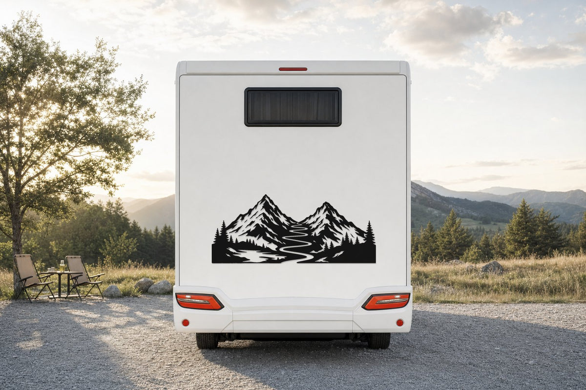 Berge-Aufkleber „Bergpfad“ fürs Wohnmobil in Schwarz am Wohnmobil
