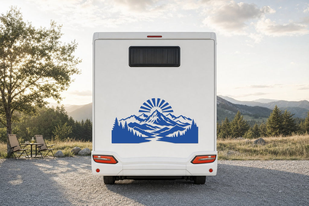 Berge-Aufkleber „Sonnenaufgang“ fürs Wohnmobil in Blau am Wohnmobil