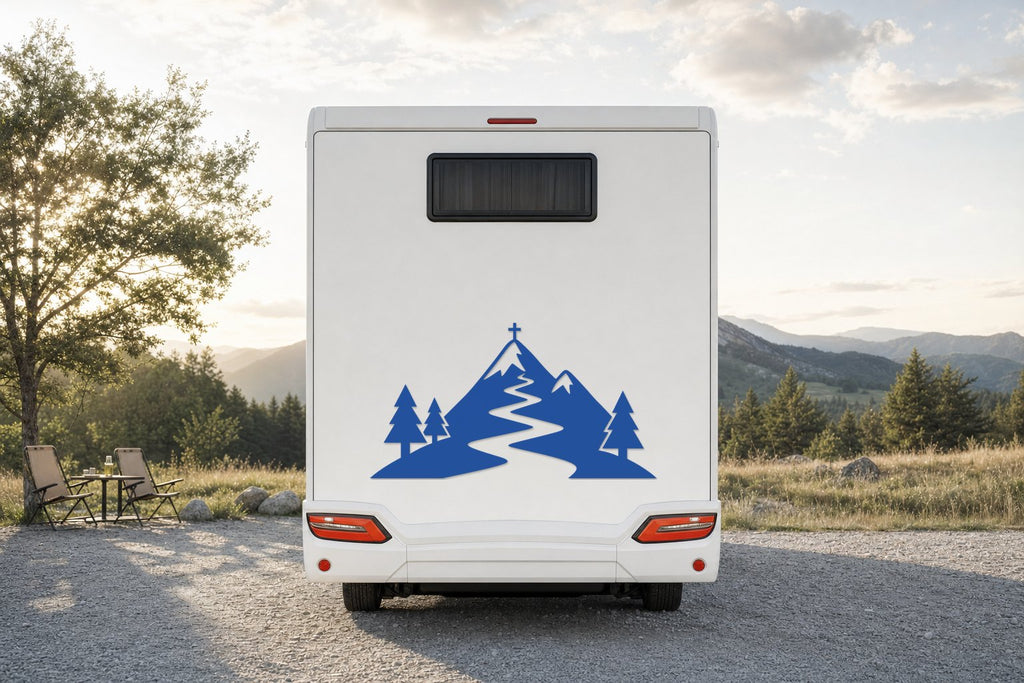Berge-Aufkleber „Gipfelkreuz“ fürs Wohnmobil in Blau am Wohnmobil
