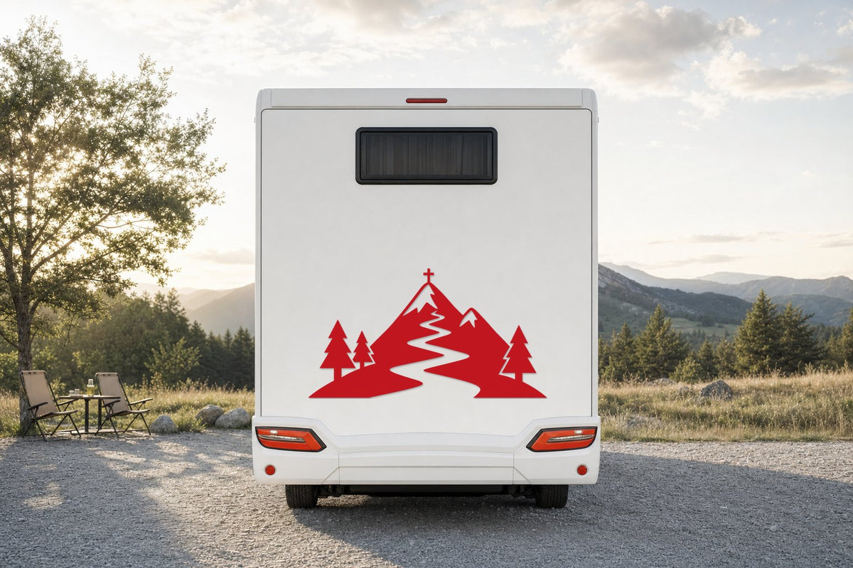 Berge-Aufkleber „Gipfelkreuz“ fürs Wohnmobil in Rot am Wohnmobil
