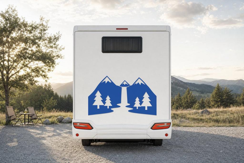 Berge-Aufkleber „Wasserfall“ fürs Wohnmobil in Blau am Wohnmobil