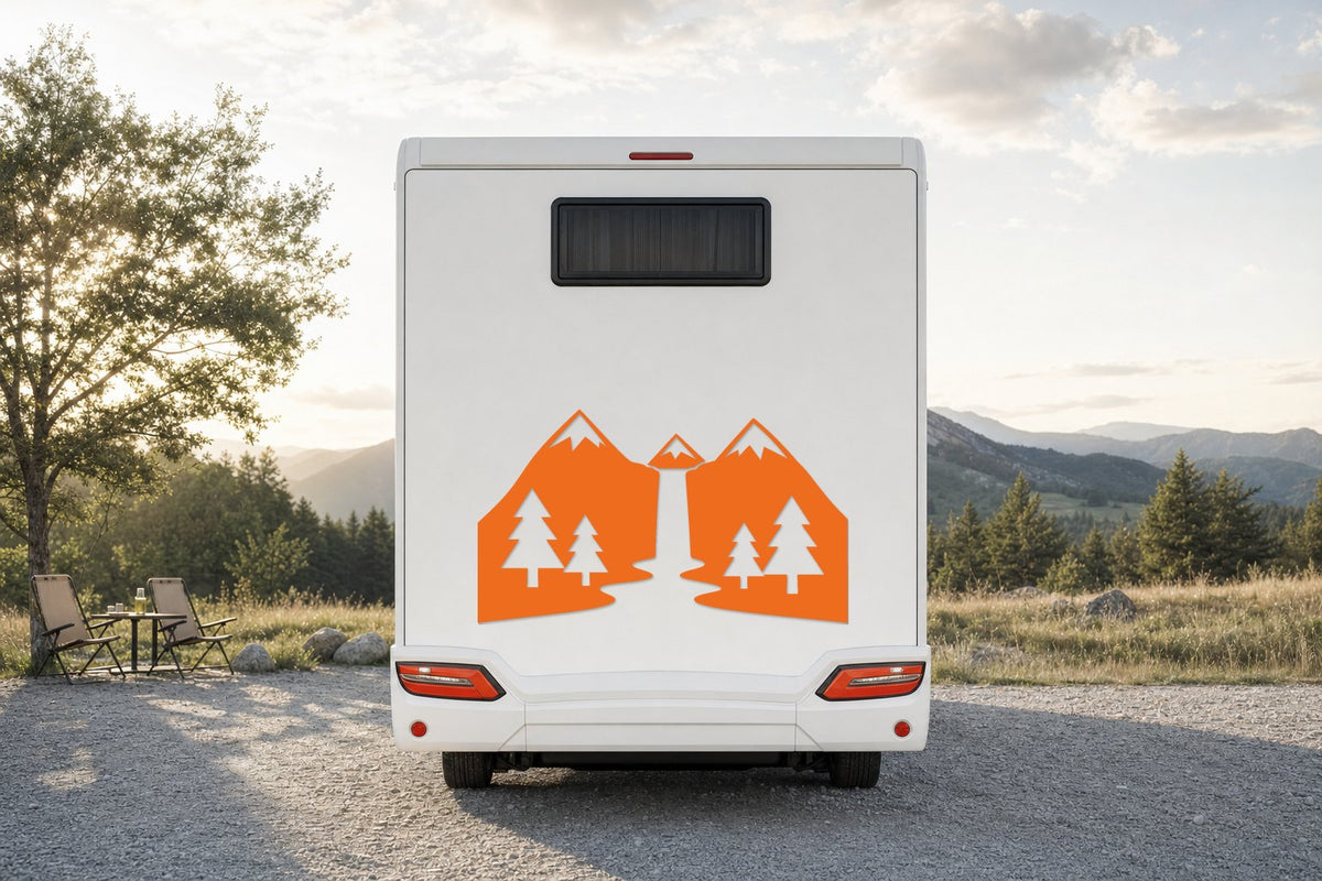 Berge-Aufkleber „Wasserfall“ fürs Wohnmobil in Orange am Wohnmobil