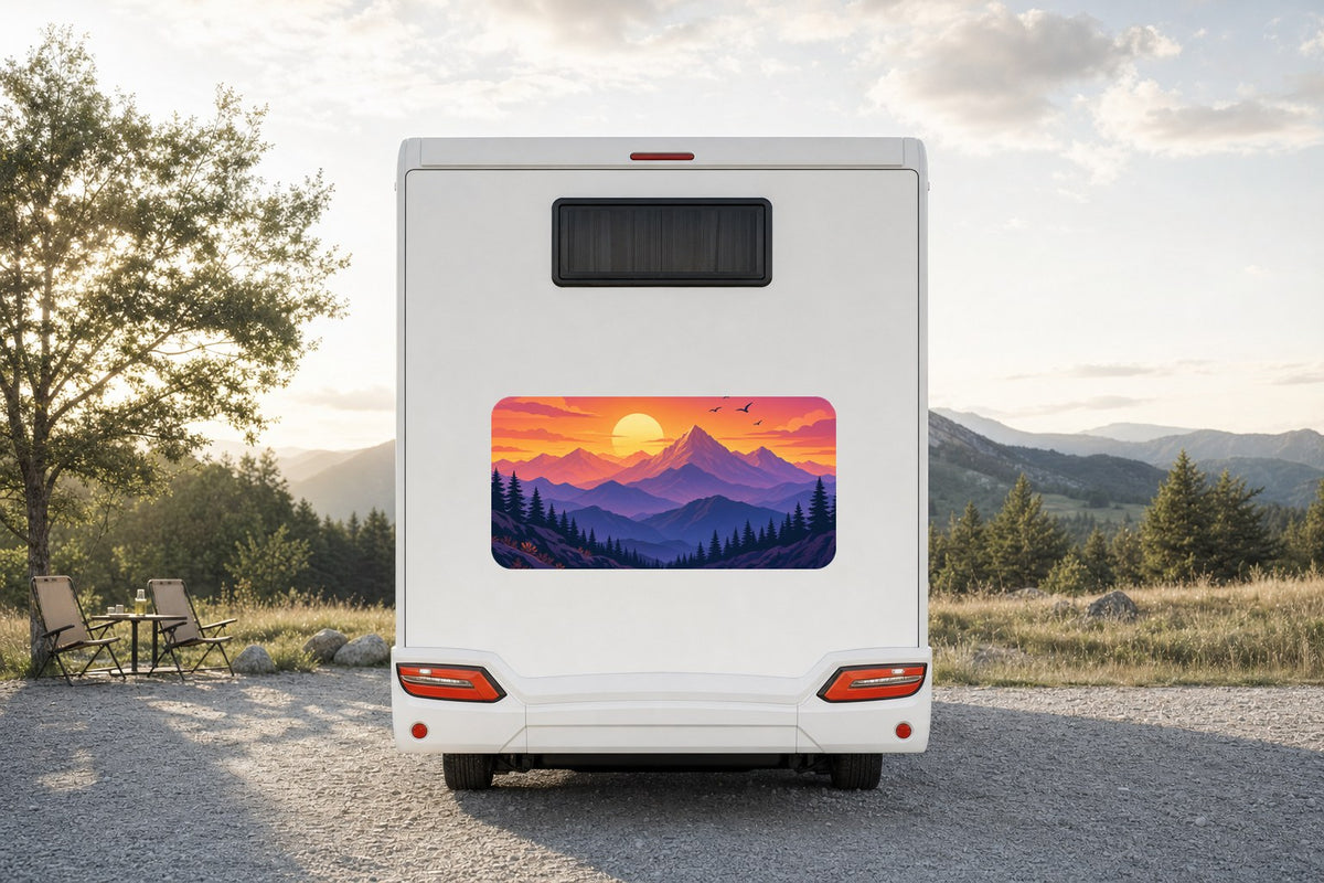 Heck-Aufkleber Sonnenuntergang über Bergen am Wohnmobil