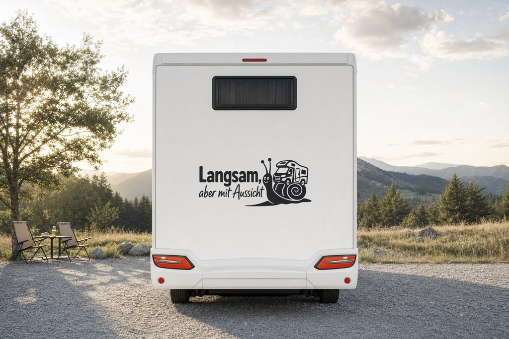 Wohnmobil-Aufkleber „Langsam, aber mit Aussicht“ am Wohnmobil
