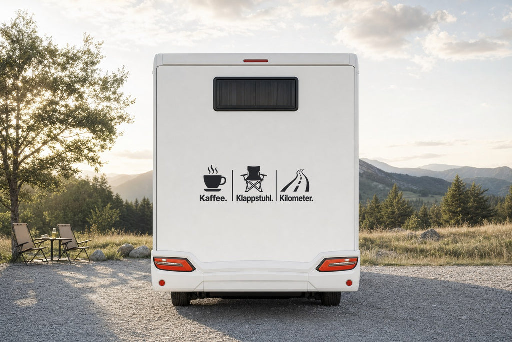 Wohnmobil-Aufkleber „Kaffee. Klappstuhl. Kilometer.“ am Wohnmobil