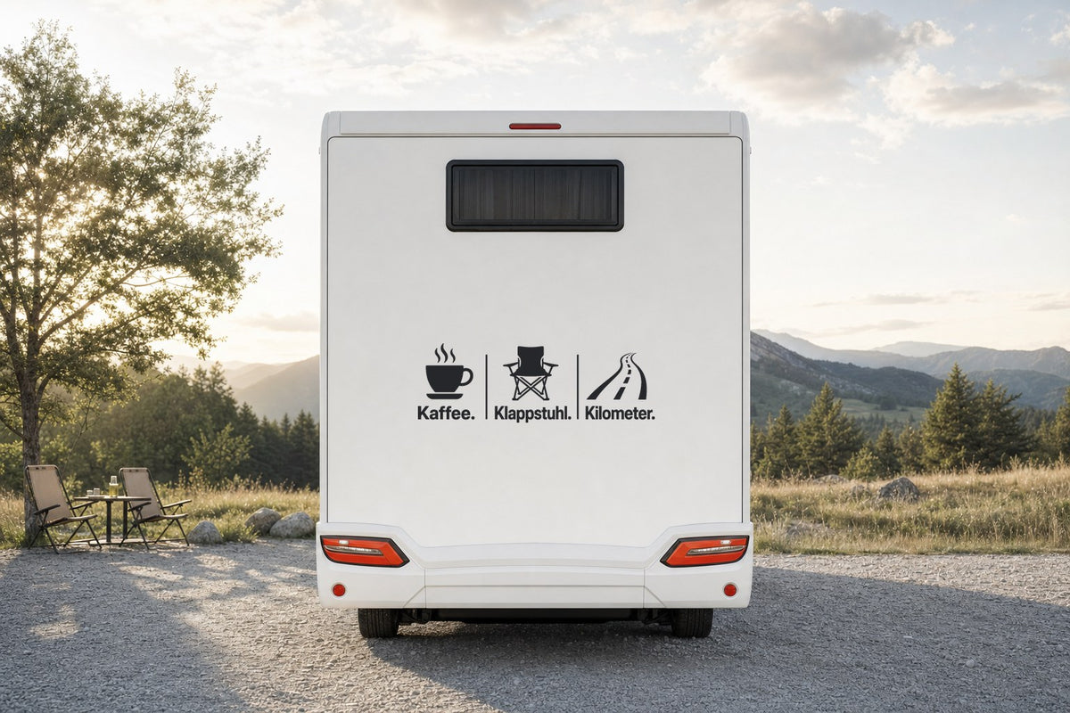 Wohnmobil-Aufkleber „Kaffee. Klappstuhl. Kilometer.“ am Wohnmobil