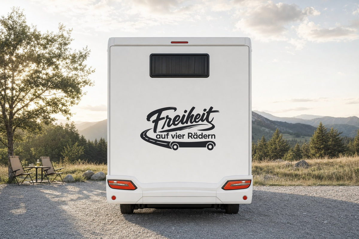 Wohnmobil-Aufkleber „Freiheit auf vier Rädern“ am Wohnmobil