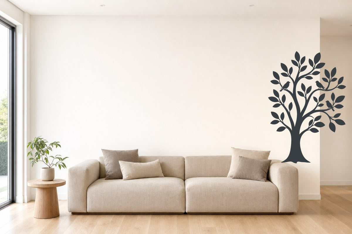 Wandtattoo Baum mit Vögeln in Anthrazit an der Wand