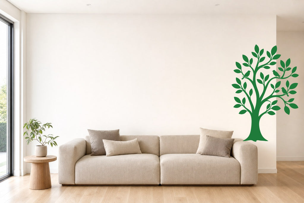 Wandtattoo Baum mit Vögeln in Grün an der Wand