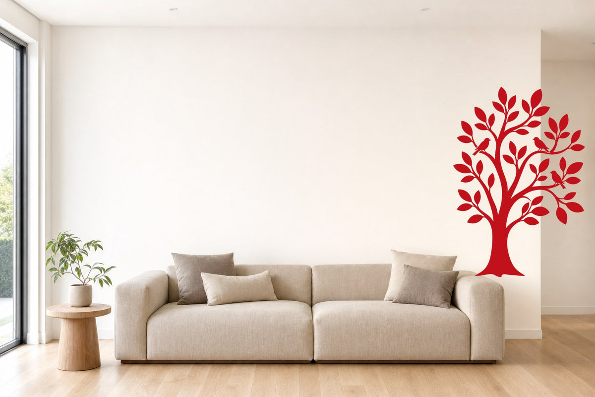 Wandtattoo Baum mit Vögeln in Rot an der Wand