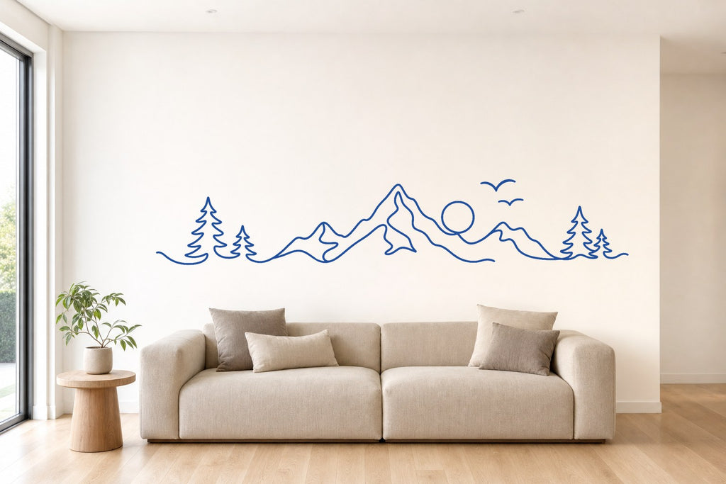 Wandtattoo Berge als Linie in Blau an der Wand