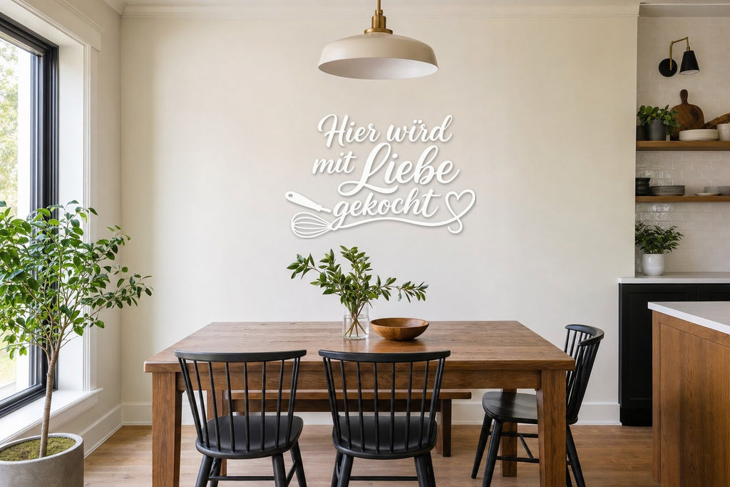 Wandtattoo „Hier wird mit Liebe gekocht“ in Weiß an der Wand