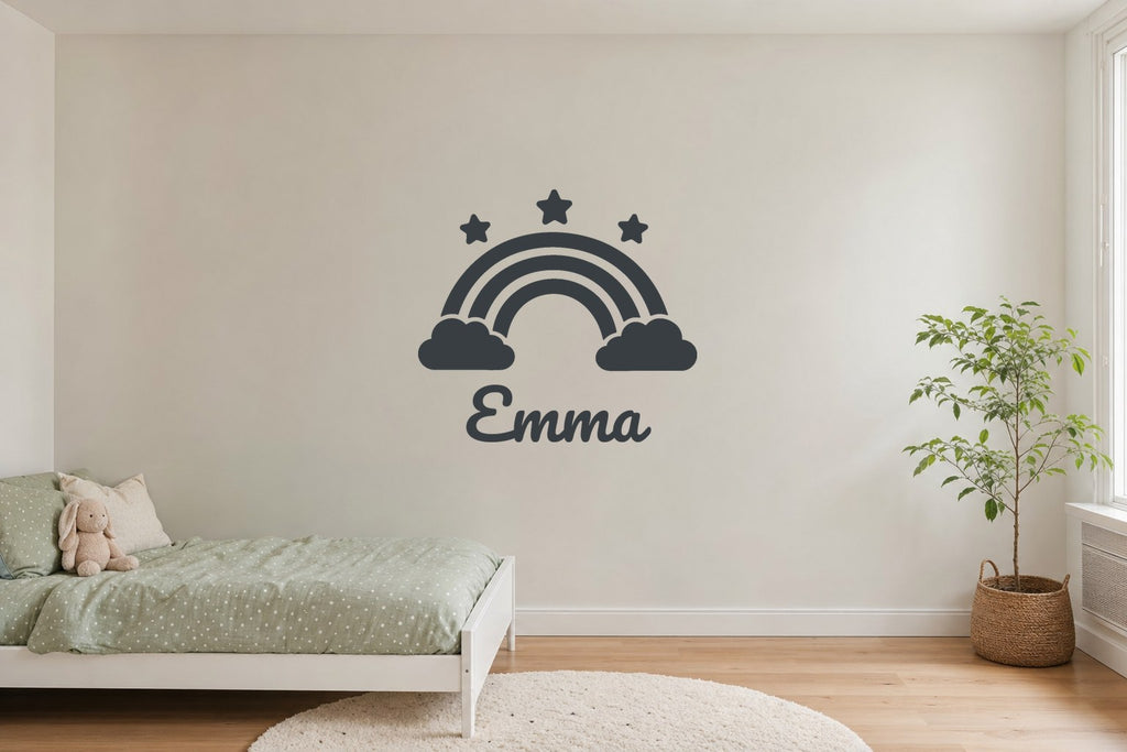 Wandtattoo Name mit Regenbogen fürs Kinderzimmer in Anthrazit an der Wand