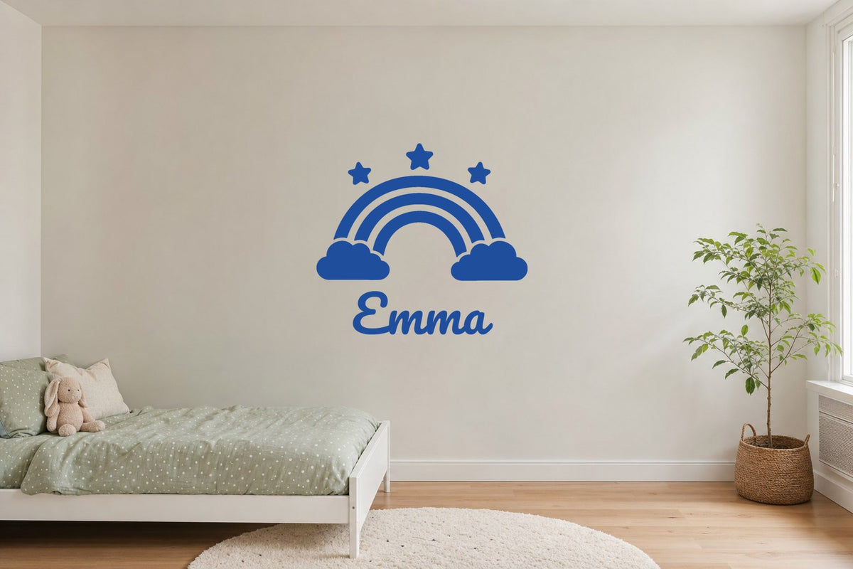 Wandtattoo Name mit Regenbogen fürs Kinderzimmer in Blau an der Wand